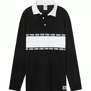 Victoria's Secret Pink Black Rugby Polo Long Sleeve Lounge Cotton Top T-Shirt S